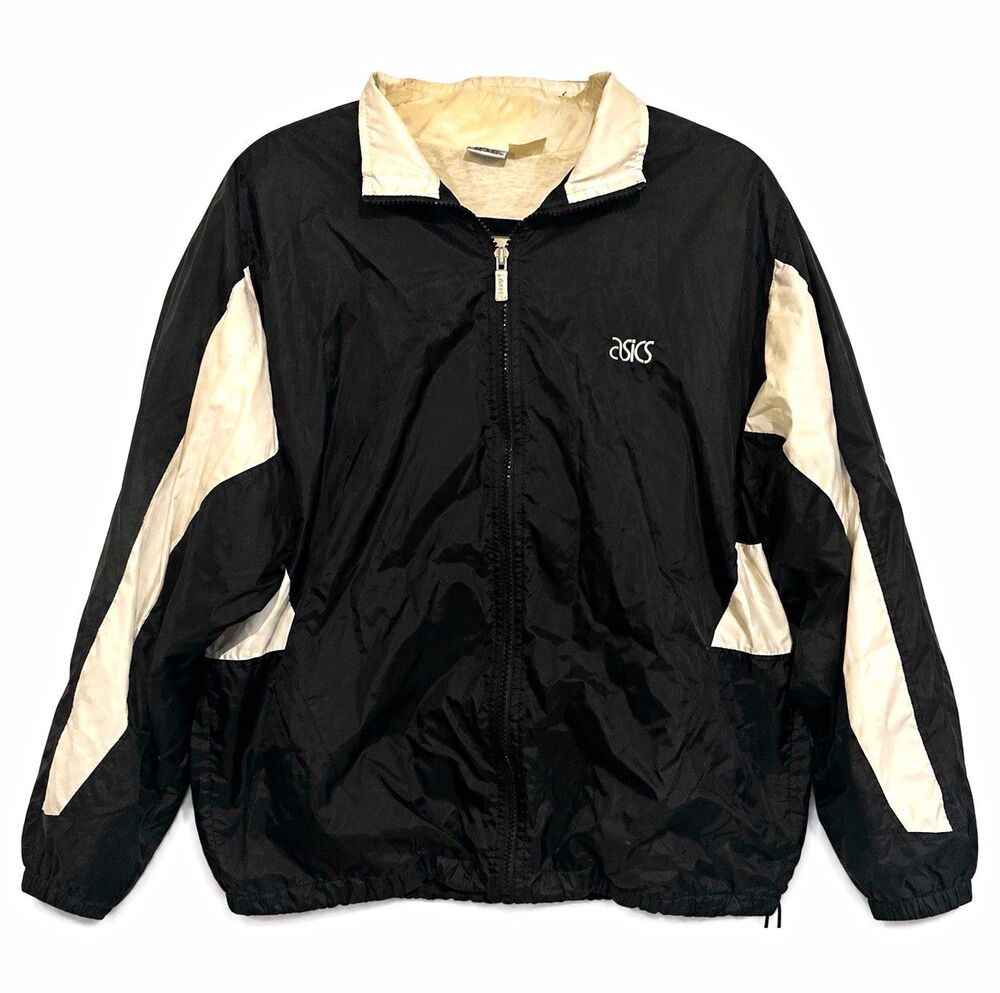 ASICS Men's Colorblock Windbreaker Jacket Black/White Nylon Full-Zip Pockets L